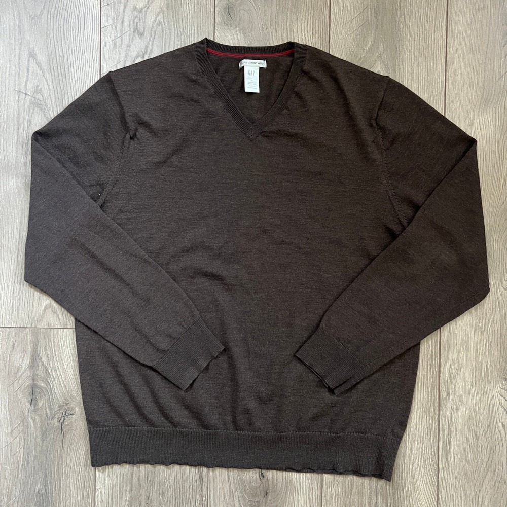 GAP Mens XL V Neck‎ Pullover Merino Wool Blend Sweater Brown Lightweight